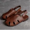 Mode Sommer Vintage Echtes Leder Niedrigen Ferse Sandalen Für Frauen 2021 Haken Und Schleife Atmungsaktive Flache Casual Wom