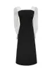 Женские платье осенние французские винтажные квадратные шеи миди белый черный лоскутный пузырь длинные рукавы платья 210608