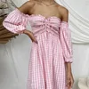Elegant Women Pink Plaid Slash Neck A-line Summer Dress High Waist Bodycon Chic Lace Up Midi Dress For Party Holiday Femme Cloth 210521