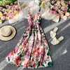 Retro Frauen Blumenkleid Sommer A-Linie Rüschen Boho Kleider Damen Spaghetti Strap Französisch Lange Robe Abend Luxus 210525