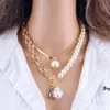 Fashion 2 Layers Pearls Geometric Pendants Necklaces For Women Gold Metal Snake Chain Necklace New Design Jewelry Gift