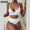 RUUHEE Women Swimsuit Ribbed High Waist Solid Black White Push Up Bikini Sets Swimwear Female with Padded Bathing Suit 210702