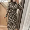 Zevity Frauen Vintage Stehkragen Blumendruck beiläufige dünne Midi-Kleid weiblich Puffärmel Falten Party eine Linie Vestido DS4670 210603