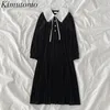 Kimutomo Casual Fashion Black Dress Women Retro Hepburn French Style Ladies Peter Pan Collar Slim Velvet Vestido Elegante 210521