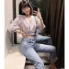 Women Striped Cropped Shirt Puff Sleeves Elastic Waist V-neck Casual Fashion Chic Lady High Fashion Woman Blouse top 210709