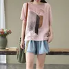 Summer Arts Style Women Short Sleeve O-neck Loose T-shirt Vintage Cotton Linen Print Tee Shirt Femme Big Size Tops M132 210512