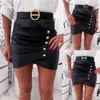 Women Ladies High Waist Pencil Skirts Summer Buttons Decor PU Leather Pleated Split Party Fashion Sexy Bodycon Black Mini Skirts 210507