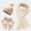 BERETS 2022 Fashion Ladies Autumn Winter Warm Solid Color Hat Scarf Glove Set Sticked Women Thicken Soft Knit Woolen Set