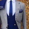 Trajes grises de 3 piezas para hombre, esmoquin Formal para boda, abrigo de doble botonadura, chaleco, pantalones azul real, disfraz de moda masculina 153G