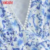 Tangada Mode Kvinnor Lace Patchwork Blå Blommor Print Dress V Neck Långärmad Ladies Mini Dress Vestidos SY173 210609