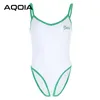 AQOIA Sexy sleeveless summer Sling White bodysuit women letter embroidery contrast color rompers Skinny jumpsuit body 210521