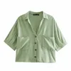 ZAクロップドリネン夏のシャツの女性半袖ボタンアップビンテージトップ女性パッチポケットピンクグリーンホワイトブラウスシャツ210602