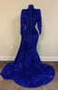 2022Royal Blue Avondjurken Luxe Kralen Lovertjes Hoge V-hals Sweep Train Mermaid Prom Dress Real Image Formele Jurken Feestkleding