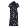 PERHAPS U Women Navy Blue Turn Down Collar Print Cotton T-shirt Dress Short Sleeve Button Knee Length Dress Oversize D2577 210529