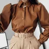 Brown Vintage Faux PU Leather Y2k Jacket Fashion Women Spring Harajuku Long Puff Sleeve Coat Turn-Down Collar Button Outwear 210510