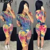Été Femme Femmes Hooded Topknee Longueur Pant Tie-Dye Print Causal Clothing Sets Two Pieces Office Sport Fashion Ropa Mujer 210520