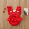 Noworodek Boże Narodzenie Playsuit Maluch Dziewczynek Krawing Wzburzyć Cekiny Rękaw Kierowniczy Square Collar Romper Kombinezony Red G1221