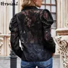 Women Blouses Fashionable Perspective Lace Embroidered Shirt Solid Color Long Sleeve Sexy Night Club Bluzka Damska 210513