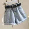 Ailegogo Streetwear Hög midja Kvinnor Blå Denim Shorts Med Bälte Sommar Casual Kvinna Brett Benstorlek 2XL Jeans 210719