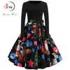 Winter Christmas Dresses Women 50S 60S Vintage Robe Swing Pinup Elegant Party Dress Long Sleeve Casual Plus Size Print Black 210915