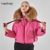 Lagabogia Top Quality Winter Casaco Mulheres Grande Pele de guaxinim com capuz 90% White Duck Down Parkas Grossas Parkas Fêmea Snow Puffer Jackets 211007