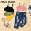 Wholesale Summer Children Girls 2-pcs Sets Solid Color Vest Top + Denim Hole Pants Kids Outfits E3018 210610