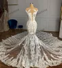 Arabia Lace Transparent Bröllopsklänning för Kvinnor Sheer Neckline Beading Sexiga Långa Mermaid Bridal Gowns Vestidos