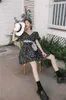 Vintage Siyah Çiçek Elbise kadın Yaz V Boyun Fener Kısa Kollu Lace Up Zarif Mini Elbiseler 210427