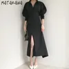 Matakawa français revers simple boutonnage femme robe licou sangle taille mince robes coréenne chic robe fendue à manches longues femme 210513
