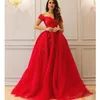 Red Arabic Lace Formal Dresses Evening Wear Off The Shoulder Sequined Evening Gowns Dubai A Line Tulle Appliques Prom Dress