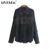 KPYTOMOA KVINNOR FASHION TASSEL Beaded Oversized Denim Jacket Coat Vintage Långärmad Frayed Hem Kvinna Ytterkläder Chic Toppar 211029