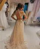 Beach 2021 Abiti da sposa champagne Abito da sposa Applique in pizzo Tulle con perline Collo alto Cristalli Custom Made Backless Sweep Train Vestido De Novia