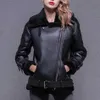 Thick and warm faux leather jacket Coat women's beige long-sleeved belt women winter fashion streetwear Tops 210922