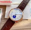 Moonphase ساعة رسمية بيضاء التلقائي رجالي ووتش روز الذهب حالة براون أسود جلد طبيعي حزام الياقوت ساعات ذاتية العناية الذاتية