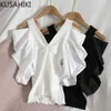 Sexy Bez ramiączek V-Neck Kobiety Dzianiny Rękaw Puff Rękaw Koreański Solidne Slim Dzianiny Topy Lato Causal Jumper 6H109 210603