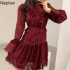 Neploe Dresses for Women Lace Ruffles Patchwork A-Line Dress Stand Neck Long Sleeve High Waist Slim Red Sweet Vestidos Mujer 210422