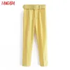 Tangada Mode Femmes Pantalon de costume jaune clair Pantalon avec poches Blet Boutons Bureau Lady Pantalon Pantalon 6A22-1 210609