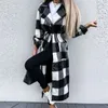 Moda İpli Dantel-up Ofis Lady Mont Zarif Turn-down Yaka Cep Uzun Ceket Kadınlar Casual Gevşek Dış Giyim Rüzgarlık