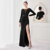 Long Sleeve Mermaid Evening Party Dresses Luxury Sequins Beaded Sexy Slit vestido de festa Fishtail Prom Gown