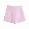Mode kvinnor knä längd söt rosa dragkedja med knappar temperament lösa chic kvinnliga byxor 210507