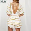 Kvinnors Jumpsuits Rompers Nlw Stripe Ol Bow Beach 2021 Kvinna Sommar Playsuits Casual Party Ruffles Backless Short