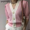 Gaganight Summer Women Short Sleeve Stickade Cardigans Fashion Solid V Neck Tunna Tröjor Slim Ladies Knappar Skörd Top Ropa Mujer 210519