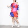 Casual Hit Color Ruffle Dress For Women Skew Collar Short Sleeve High Waist A Line Mini Dresses Female Summer Style 210520