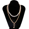 Hip Hop Punk clé pendentif collier pour hommes chaîne torsadée sur le cou bohème simulé perle tour de cou multicouche Couple bijoux