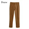 Vintage PU Faux Leather Brown Pants Women High Waist Fashion Long Zipper Fly Ladies Pencil Trousers Pantalones 210515