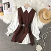 2023 Spring Fall Dames Two -Piece Shirt Shirt Blouse Sets Casual Lantern Sleeve gebreide Vest Suits College Style Tops