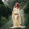 Syrenka Ramka Maternity Strzelać Sukienka Koronkowa Długa Ciąża Sukienka Ruffles Kobiet w ciąży Maxi Suknia macierzyńska Dla fotografii Shoot Y0924