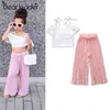 Girls Roupas Set White Sling Top + Pink Ladre Listra Calças 2 Pcs Roupas Terno Crianças Roupas 210429