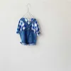 Toptan Yaz Bebek Erkek Kız 2-ADET Setleri Uzun Kollu Mavi Ekose Kazak Gömlek + Tulum Şort Çocuk Kıyafetleri E3907 210610