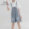 Jocoo jolee vrouwen zomer korea preppy stijl krimpen rechte borstplaten losse hoge taille pocket cowboy rompertjes playsuits 210518